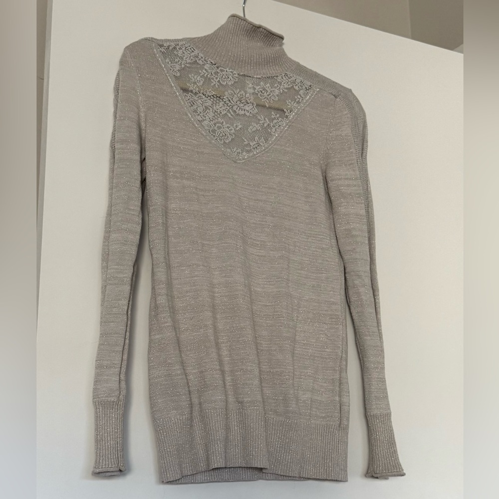 Free People Silver Lace Detail Turtleneck Sweater
